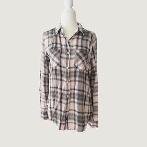 Mossimo Supply Co Womens Small Plaid Boyfriend Flannel Shirt Grey Cream Rayon
